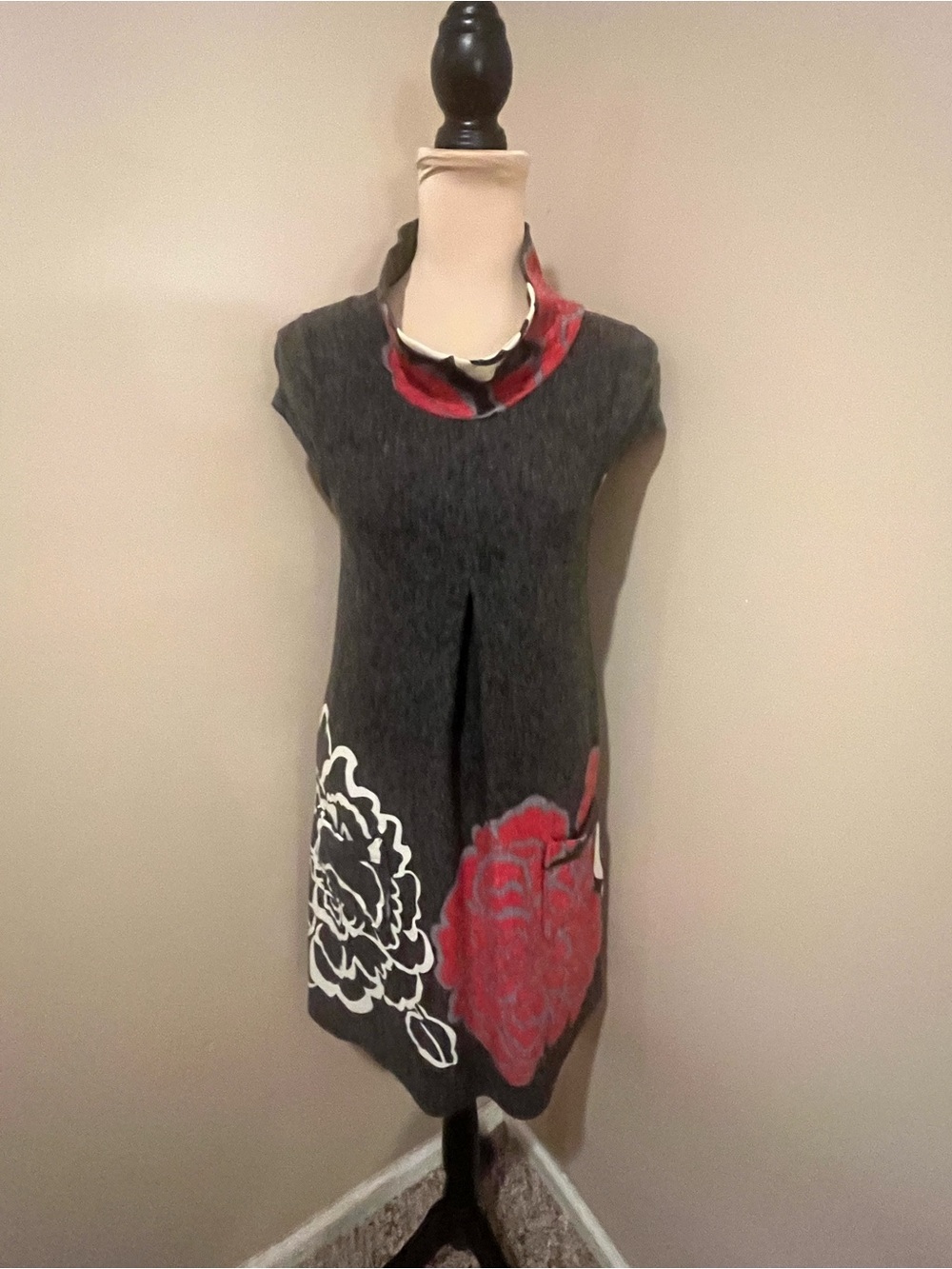 Funky People Charcoal Gray Tunic Sweater with Red & White Floral Accents